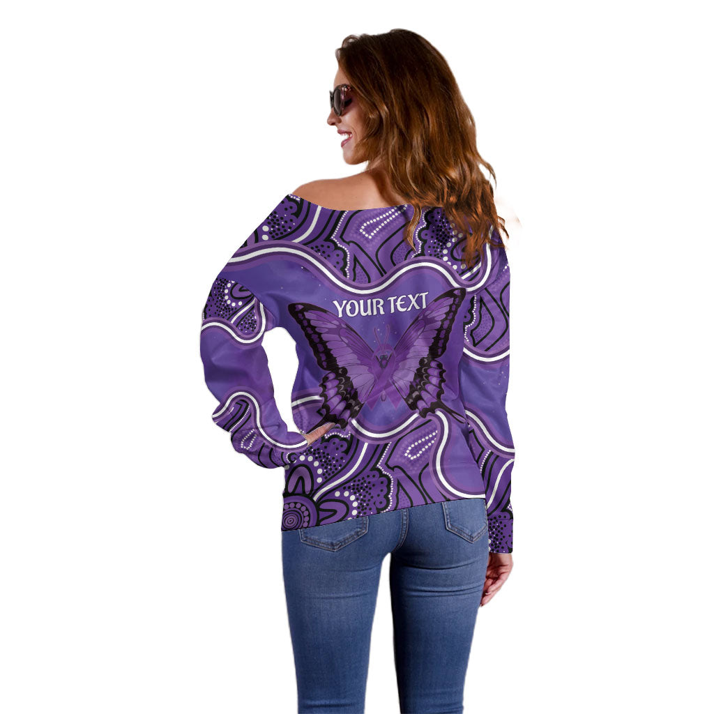 Australia Lupus Support Month Personalised Off Shoulder Sweater Butterfly Purple Ribbon Invisible Illness Indigenous Art