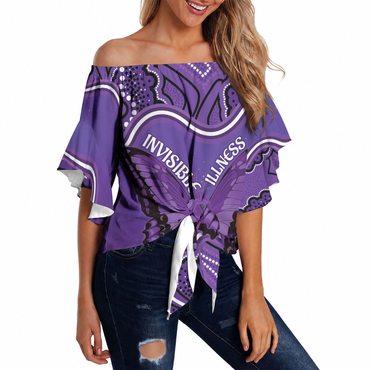 Australia Lupus Support Month Personalised Off Shoulder Wrap Waist Top Butterfly Purple Ribbon Invisible Illness Indigenous Art