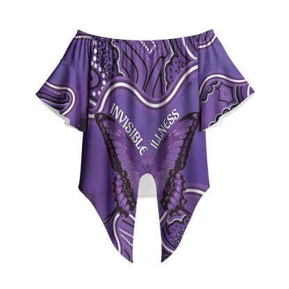 Australia Lupus Support Month Personalised Off Shoulder Wrap Waist Top Butterfly Purple Ribbon Invisible Illness Indigenous Art