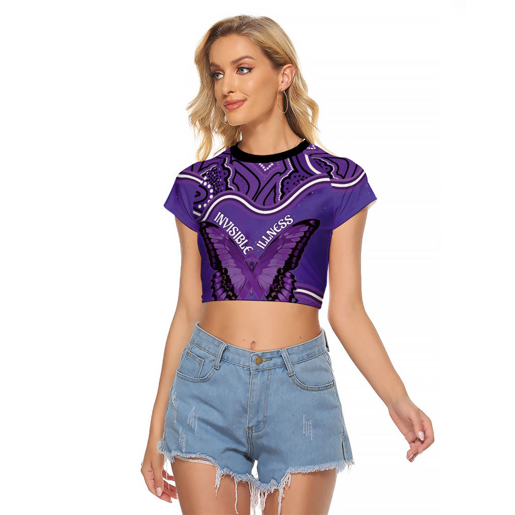 Australia Lupus Support Month Personalised Raglan Cropped T Shirt Butterfly Purple Ribbon Invisible Illness Indigenous Art
