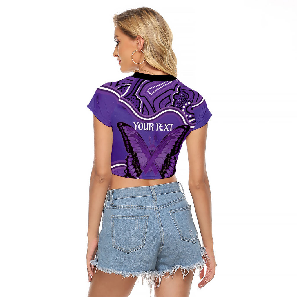 Australia Lupus Support Month Personalised Raglan Cropped T Shirt Butterfly Purple Ribbon Invisible Illness Indigenous Art