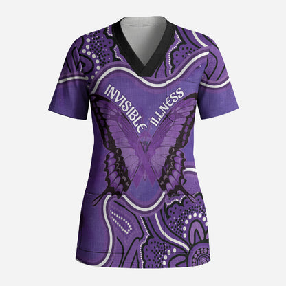 Australia Lupus Support Month Personalised Scrub Top Butterfly Purple Ribbon Invisible Illness Indigenous Art