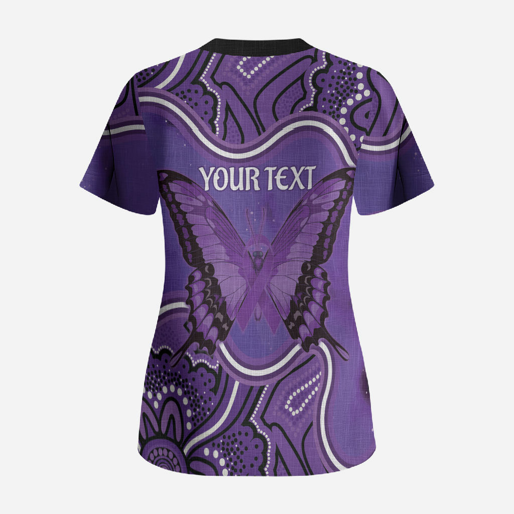 Australia Lupus Support Month Personalised Scrub Top Butterfly Purple Ribbon Invisible Illness Indigenous Art
