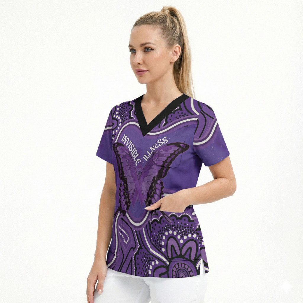 Australia Lupus Support Month Personalised Scrub Top Butterfly Purple Ribbon Invisible Illness Indigenous Art