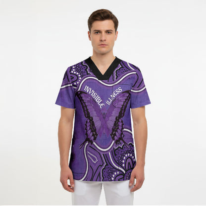 Australia Lupus Support Month Personalised Scrub Top Butterfly Purple Ribbon Invisible Illness Indigenous Art
