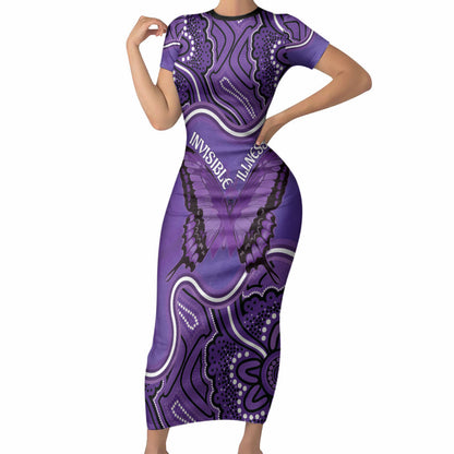 Australia Lupus Support Month Personalised Short Sleeve Bodycon Dress Butterfly Purple Ribbon Invisible Illness Indigenous Art