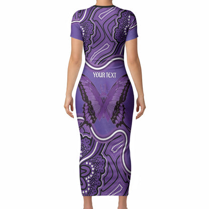 Australia Lupus Support Month Personalised Short Sleeve Bodycon Dress Butterfly Purple Ribbon Invisible Illness Indigenous Art