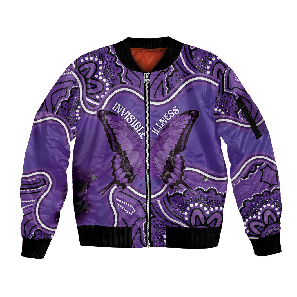 Australia Lupus Support Month Personalised Sleeve Zip Bomber Jacket Butterfly Purple Ribbon Invisible Illness Indigenous Art