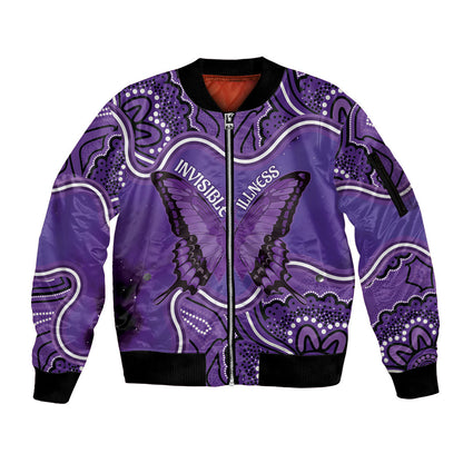 Australia Lupus Support Month Personalised Sleeve Zip Bomber Jacket Butterfly Purple Ribbon Invisible Illness Indigenous Art