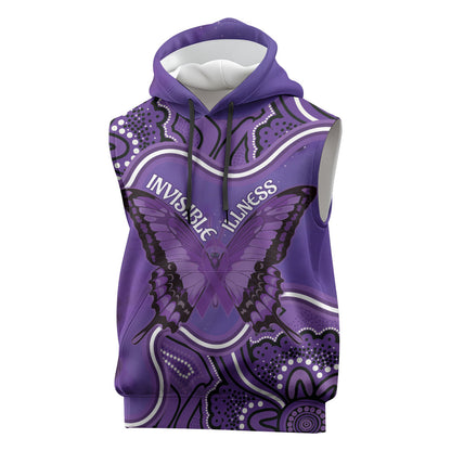 Australia Lupus Support Month Personalised Sleeveless Hoodie Butterfly Purple Ribbon Invisible Illness Indigenous Art