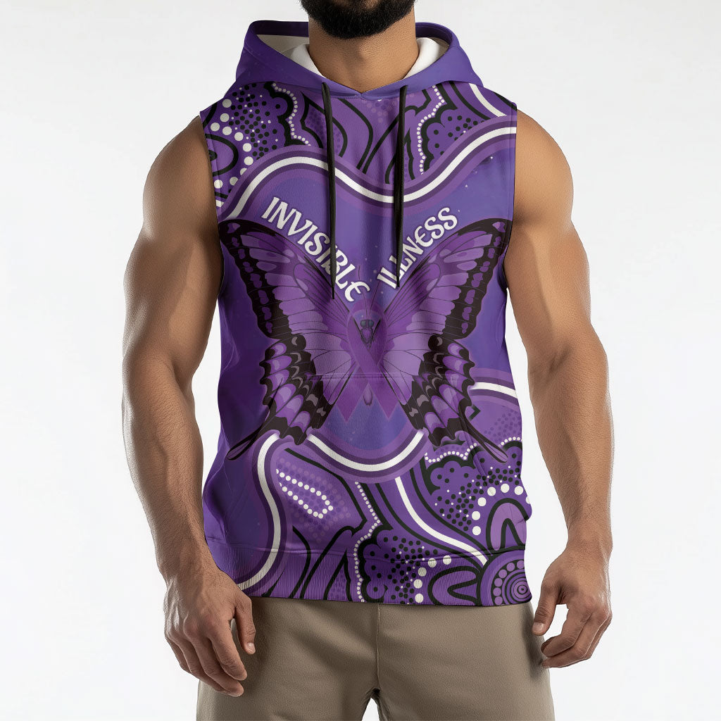 Australia Lupus Support Month Personalised Sleeveless Hoodie Butterfly Purple Ribbon Invisible Illness Indigenous Art