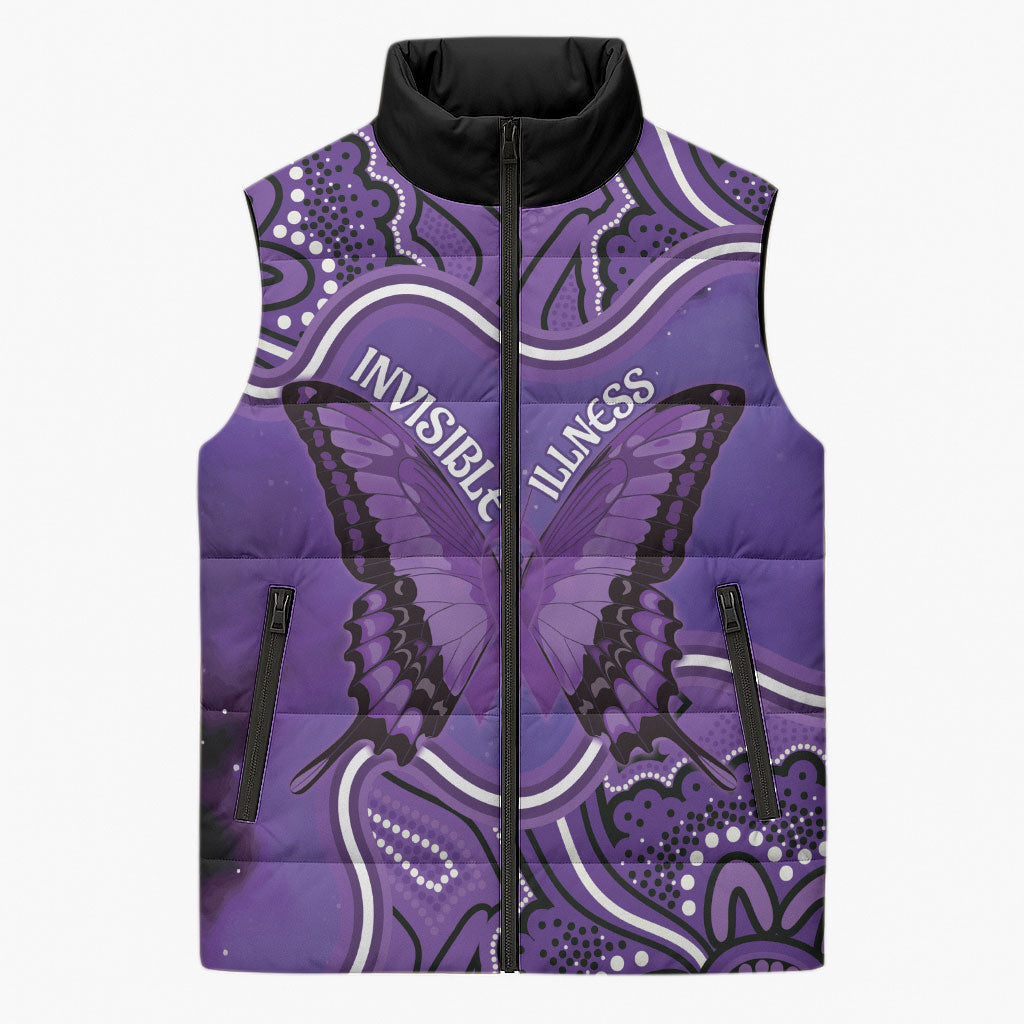 Australia Lupus Support Month Personalised Sleeveless Puffer Jacket Butterfly Purple Ribbon Invisible Illness Indigenous Art