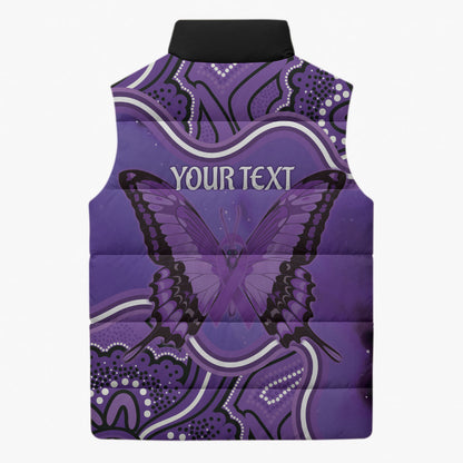 Australia Lupus Support Month Personalised Sleeveless Puffer Jacket Butterfly Purple Ribbon Invisible Illness Indigenous Art