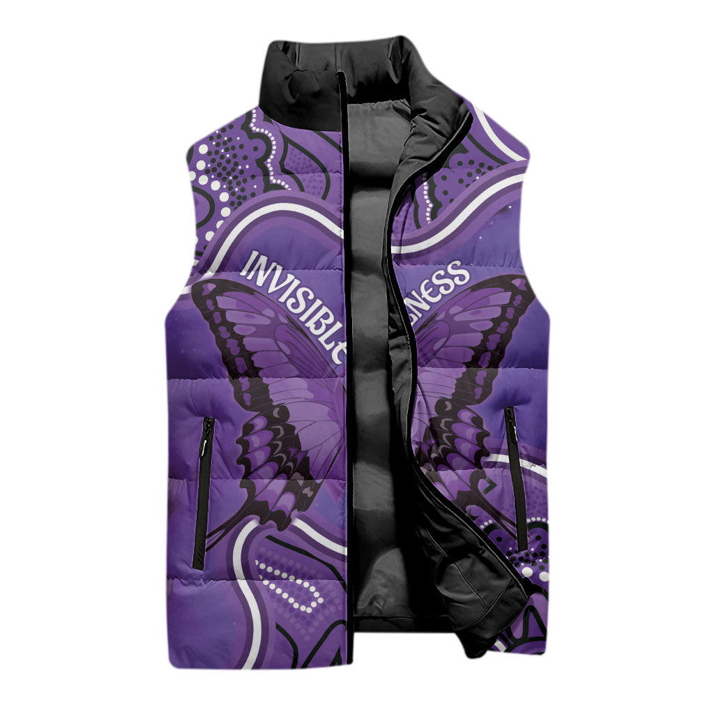 Australia Lupus Support Month Personalised Sleeveless Puffer Jacket Butterfly Purple Ribbon Invisible Illness Indigenous Art
