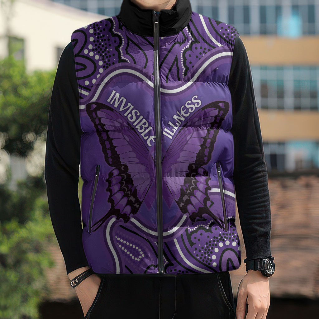 Australia Lupus Support Month Personalised Sleeveless Puffer Jacket Butterfly Purple Ribbon Invisible Illness Indigenous Art