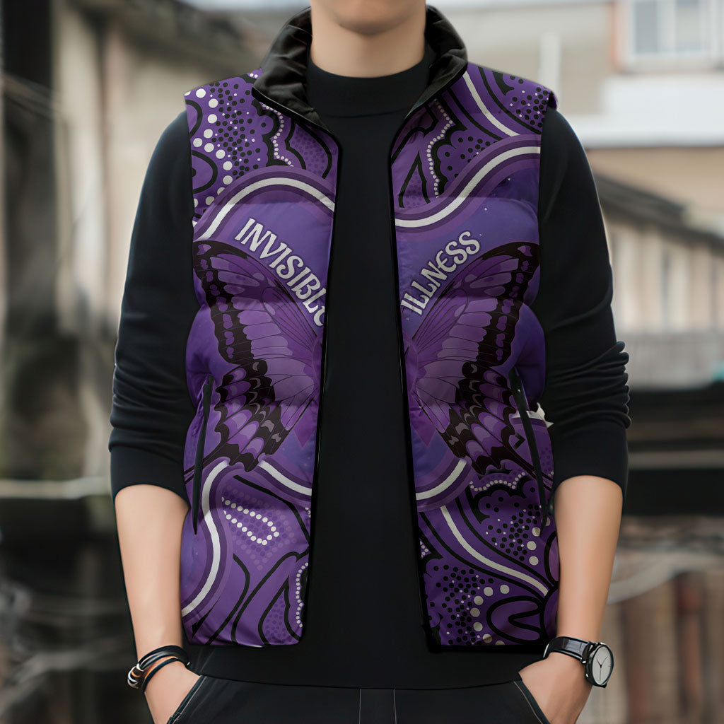 Australia Lupus Support Month Personalised Sleeveless Puffer Jacket Butterfly Purple Ribbon Invisible Illness Indigenous Art