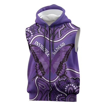 Australia Lupus Support Month Personalised Sleeveless Zip Hoodie Butterfly Purple Ribbon Invisible Illness Indigenous Art