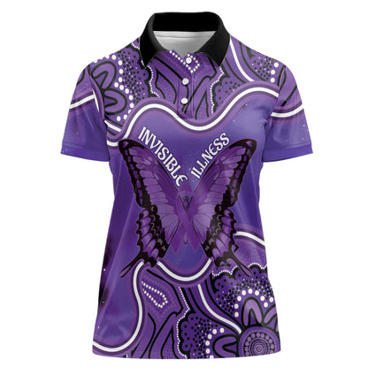 Australia Lupus Support Month Personalised Women Polo Shirt Butterfly Purple Ribbon Invisible Illness Indigenous Art