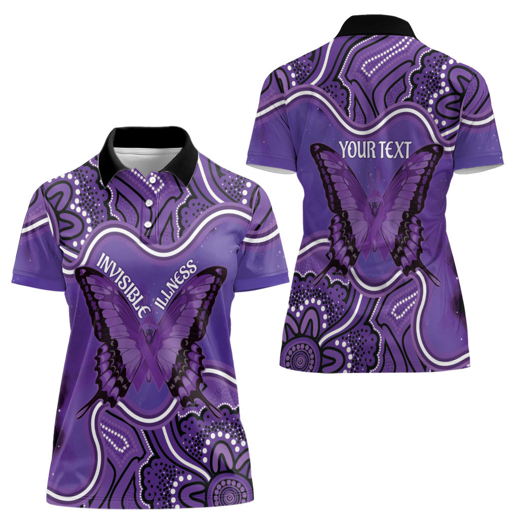 Australia Lupus Support Month Personalised Women Polo Shirt Butterfly Purple Ribbon Invisible Illness Indigenous Art
