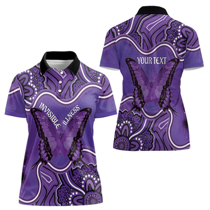 Australia Lupus Support Month Personalised Women Polo Shirt Butterfly Purple Ribbon Invisible Illness Indigenous Art