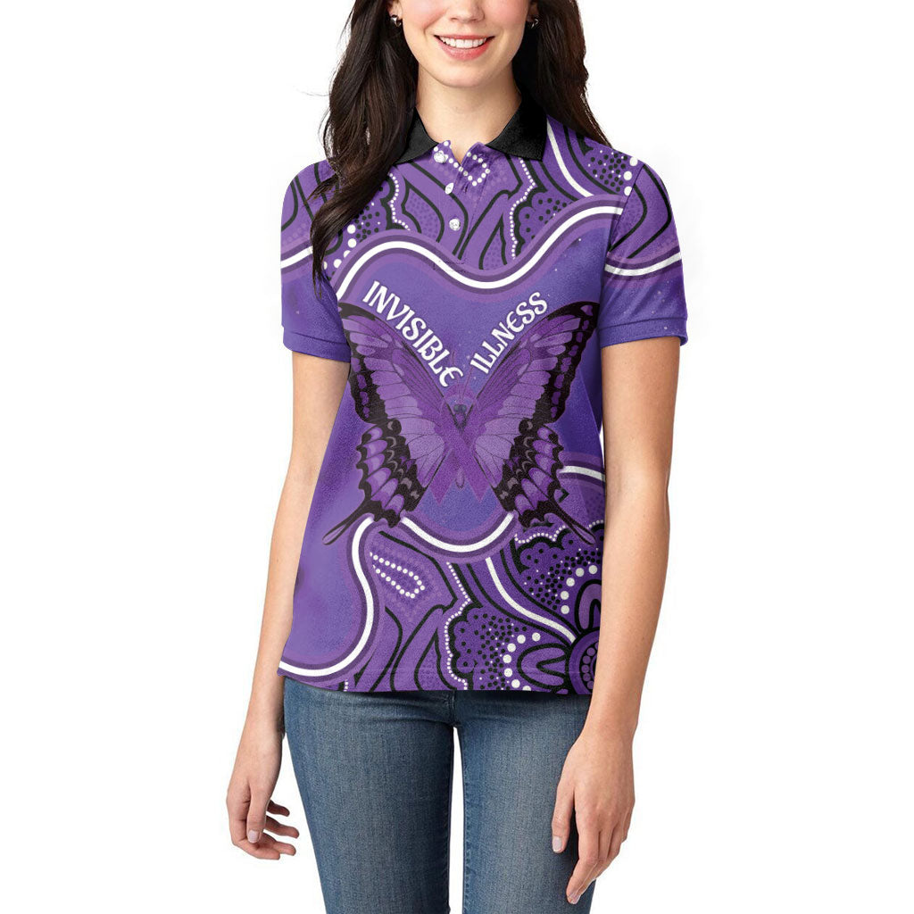 Australia Lupus Support Month Personalised Women Polo Shirt Butterfly Purple Ribbon Invisible Illness Indigenous Art