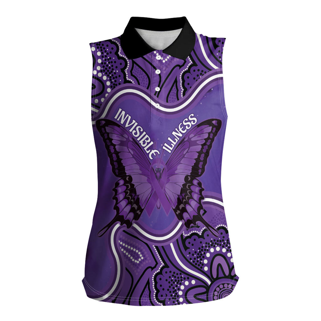 Australia Lupus Support Month Personalised Women Sleeveless Polo Shirt Butterfly Purple Ribbon Invisible Illness Indigenous Art