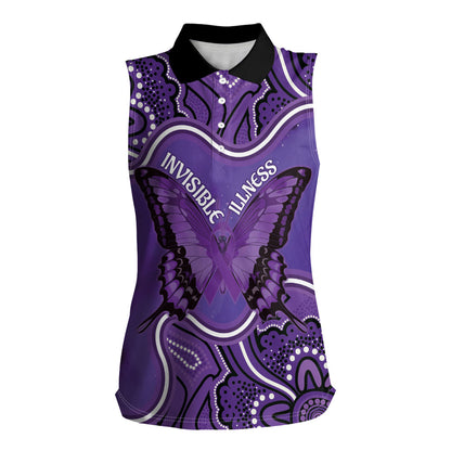Australia Lupus Support Month Personalised Women Sleeveless Polo Shirt Butterfly Purple Ribbon Invisible Illness Indigenous Art