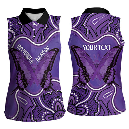 Australia Lupus Support Month Personalised Women Sleeveless Polo Shirt Butterfly Purple Ribbon Invisible Illness Indigenous Art