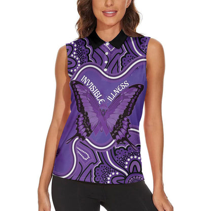 Australia Lupus Support Month Personalised Women Sleeveless Polo Shirt Butterfly Purple Ribbon Invisible Illness Indigenous Art