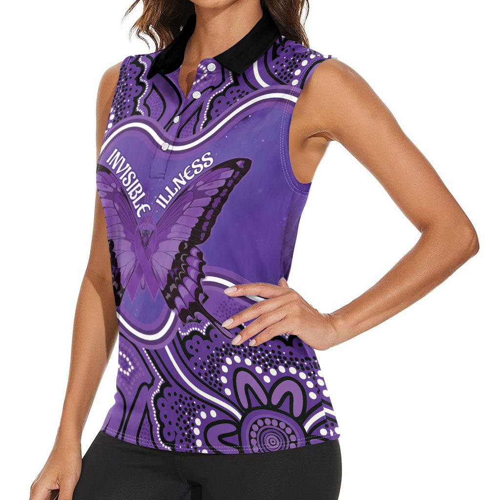 Australia Lupus Support Month Personalised Women Sleeveless Polo Shirt Butterfly Purple Ribbon Invisible Illness Indigenous Art
