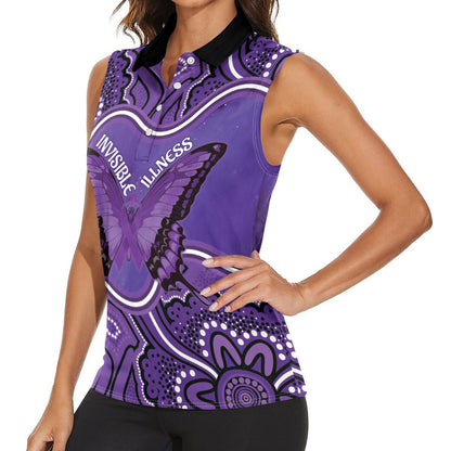 Australia Lupus Support Month Personalised Women Sleeveless Polo Shirt Butterfly Purple Ribbon Invisible Illness Indigenous Art