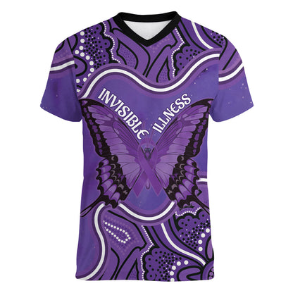 Australia Lupus Support Month Personalised Women V-Neck T-Shirt Butterfly Purple Ribbon Invisible Illness Indigenous Art