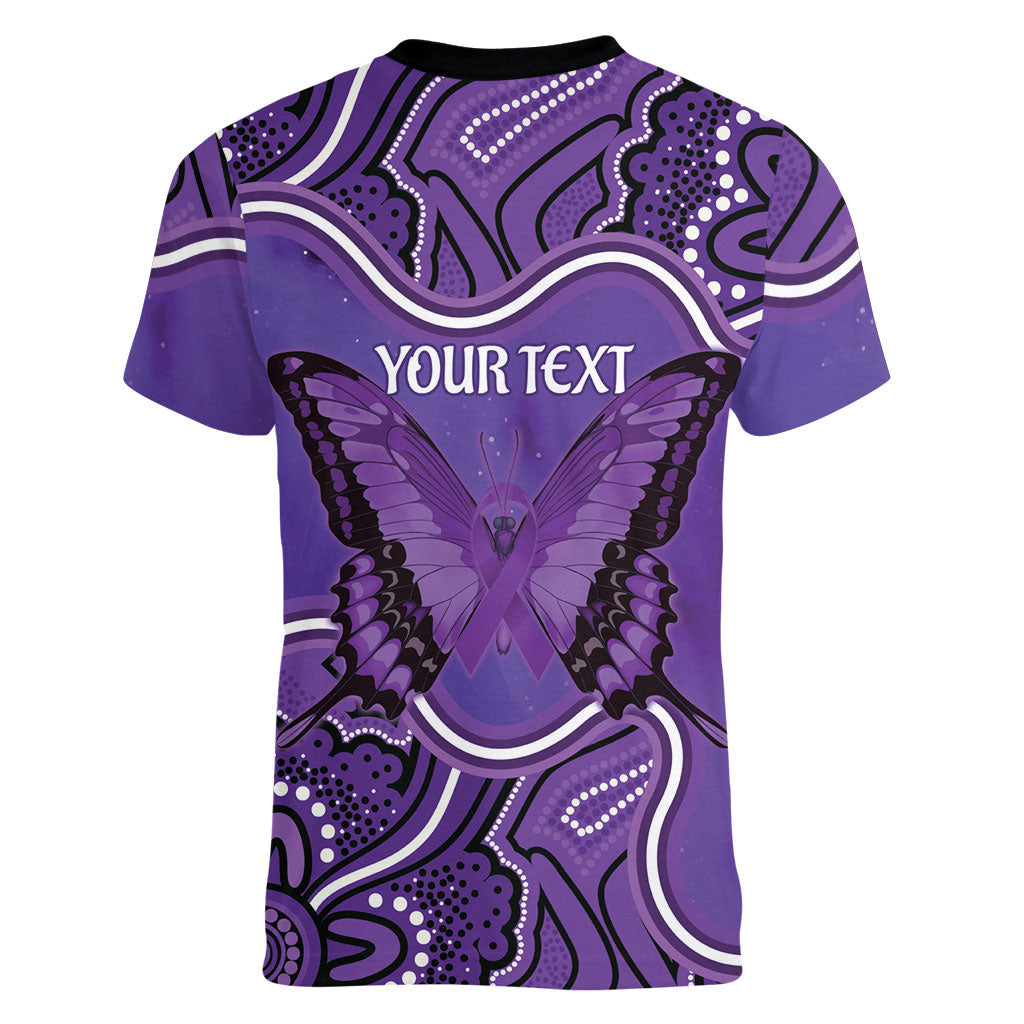 Australia Lupus Support Month Personalised Women V-Neck T-Shirt Butterfly Purple Ribbon Invisible Illness Indigenous Art