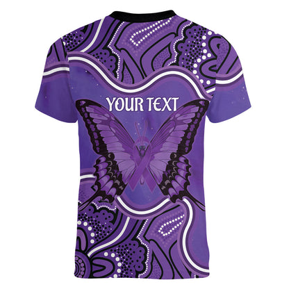 Australia Lupus Support Month Personalised Women V-Neck T-Shirt Butterfly Purple Ribbon Invisible Illness Indigenous Art