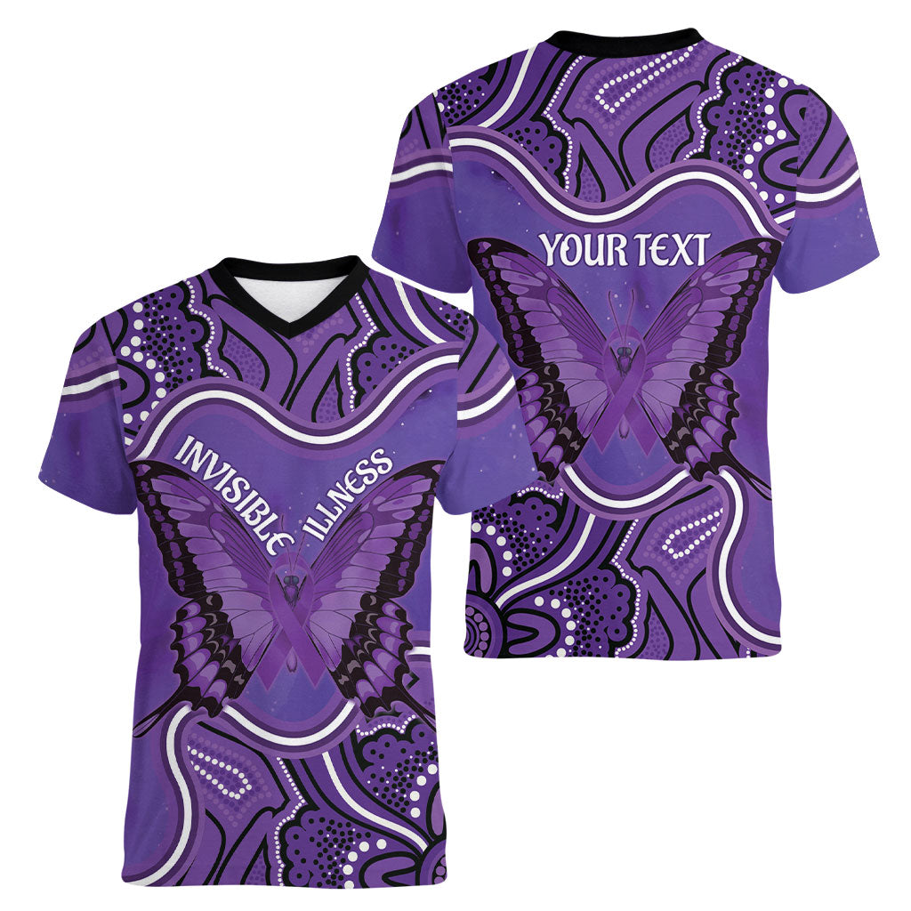 Australia Lupus Support Month Personalised Women V-Neck T-Shirt Butterfly Purple Ribbon Invisible Illness Indigenous Art