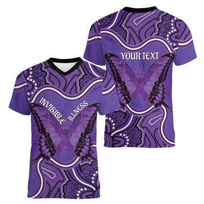 Australia Lupus Support Month Personalised Women V-Neck T-Shirt Butterfly Purple Ribbon Invisible Illness Indigenous Art