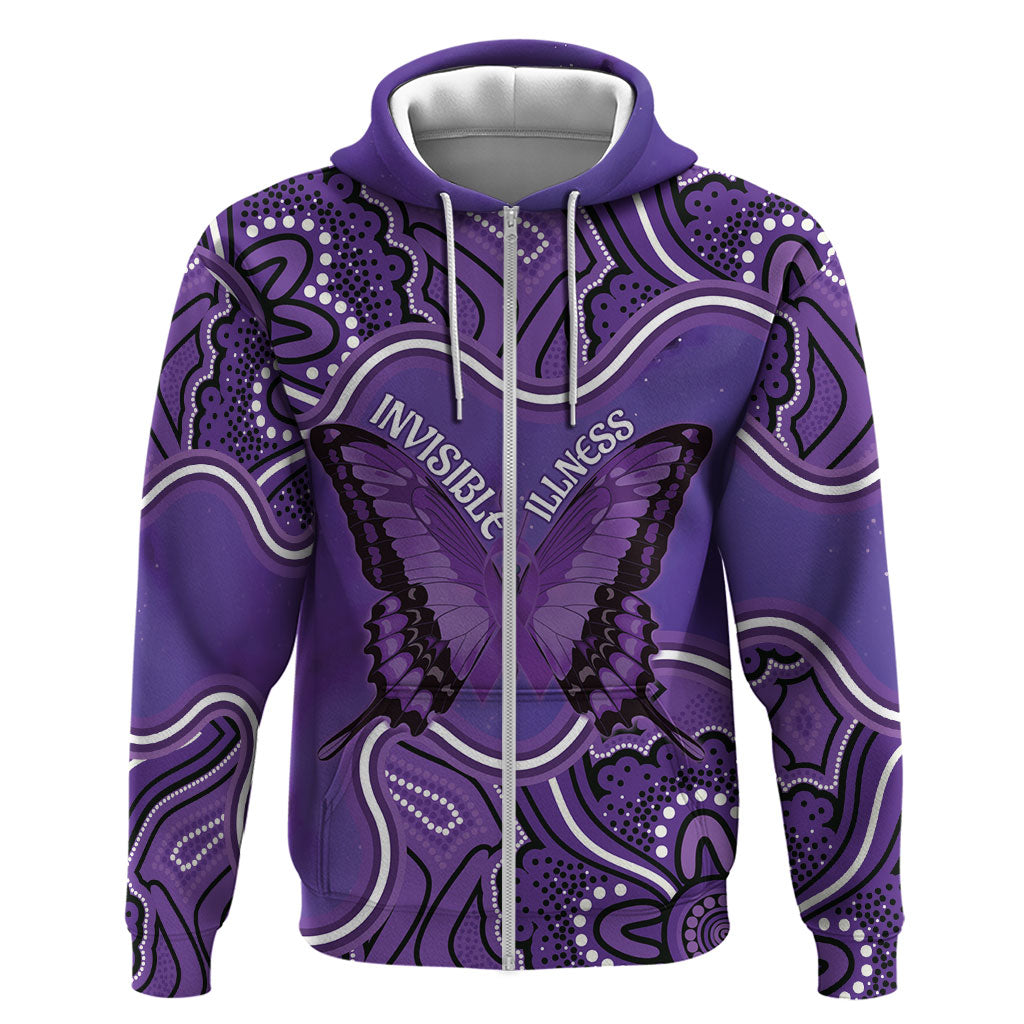Australia Lupus Support Month Personalised Zip Hoodie Butterfly Purple Ribbon Invisible Illness Indigenous Art