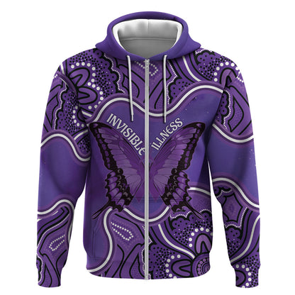 Australia Lupus Support Month Personalised Zip Hoodie Butterfly Purple Ribbon Invisible Illness Indigenous Art