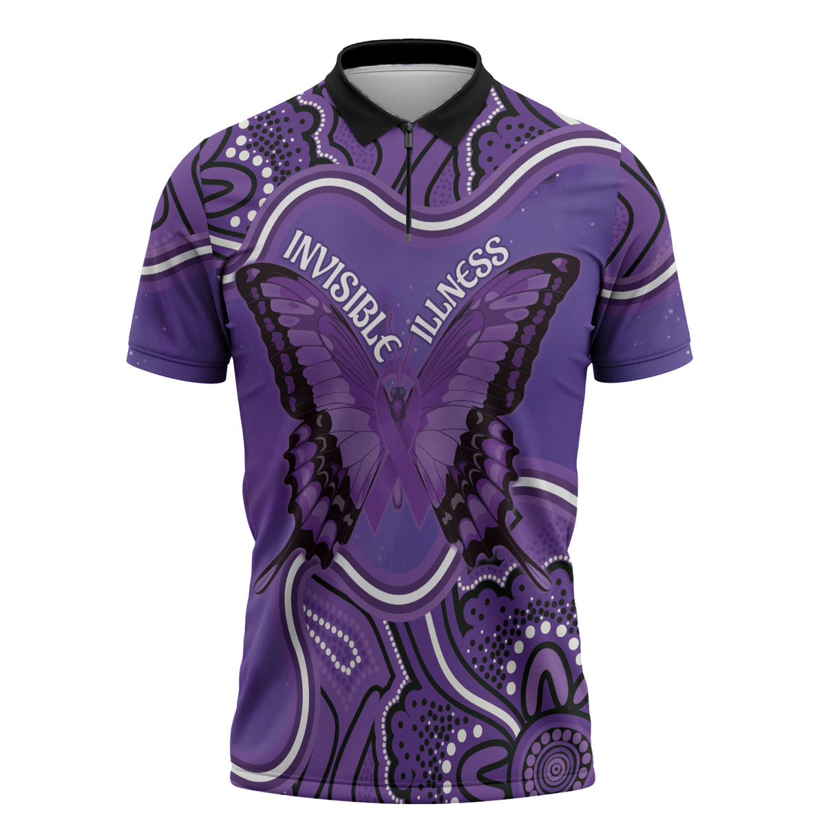 Australia Lupus Support Month Personalised Zipper Polo Shirt Butterfly Purple Ribbon Invisible Illness Indigenous Art