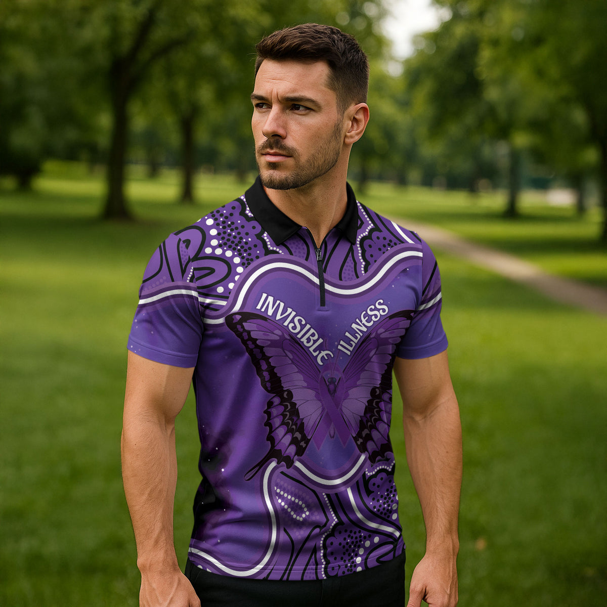 Australia Lupus Support Month Personalised Zipper Polo Shirt Butterfly Purple Ribbon Invisible Illness Indigenous Art