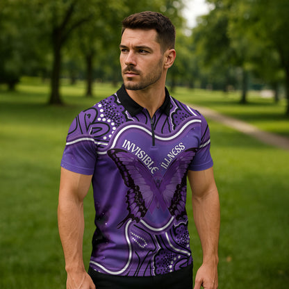 Australia Lupus Support Month Personalised Zipper Polo Shirt Butterfly Purple Ribbon Invisible Illness Indigenous Art