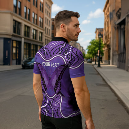 Australia Lupus Support Month Personalised Zipper Polo Shirt Butterfly Purple Ribbon Invisible Illness Indigenous Art