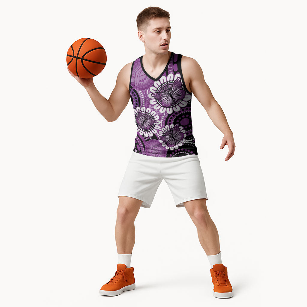 Australia Indigenous Butterflies Personalised Basketball Jersey Lupus Support Purple Ribbon Aboriginal Art