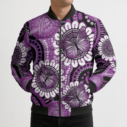 Australia Indigenous Butterflies Personalised Bomber Puffer Jacket Lupus Support Purple Ribbon Aboriginal Art