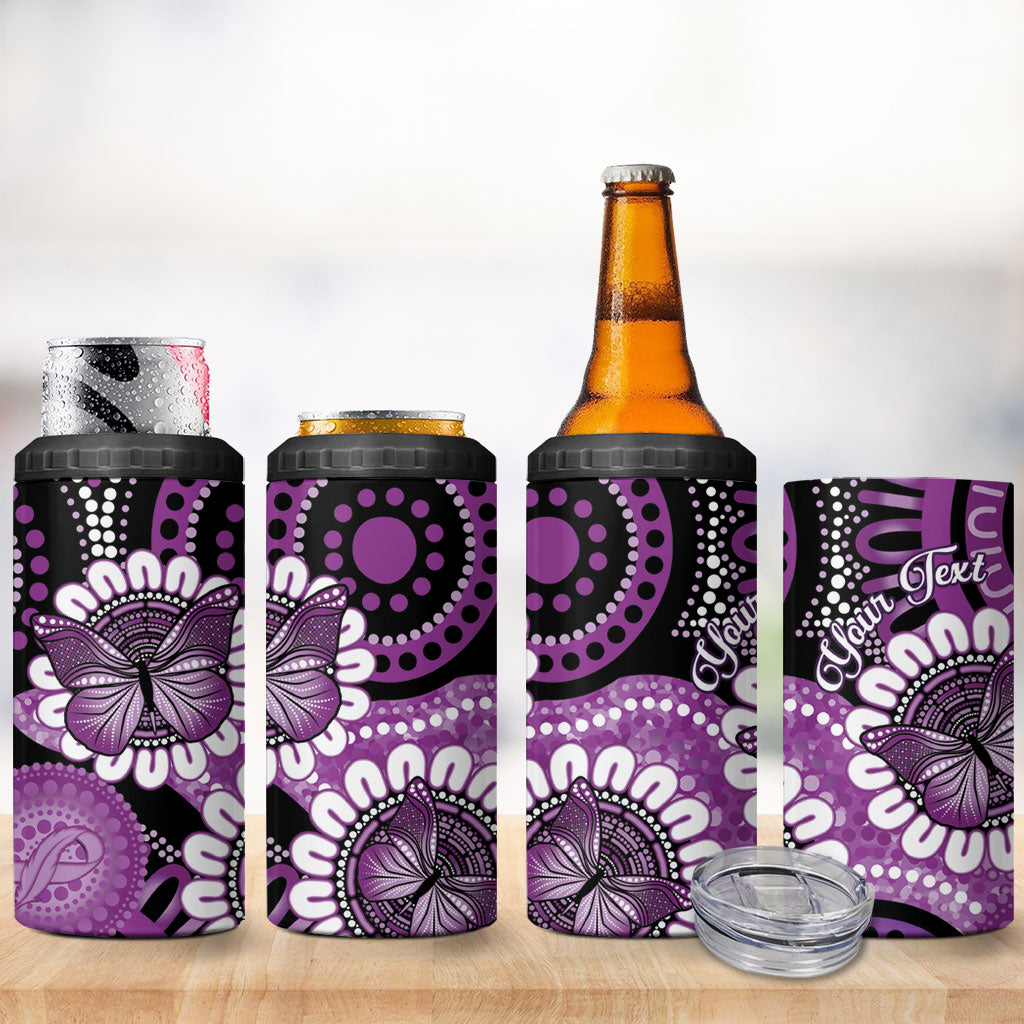 Australia Indigenous Butterflies Personalised 4 in 1 Can Cooler Tumbler Lupus Support Purple Ribbon Aboriginal Art