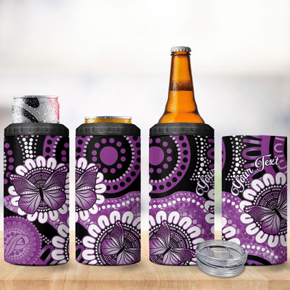 Australia Indigenous Butterflies Personalised 4 in 1 Can Cooler Tumbler Lupus Support Purple Ribbon Aboriginal Art