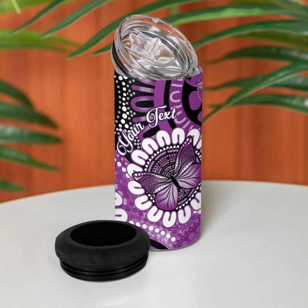 Australia Indigenous Butterflies Personalised 4 in 1 Can Cooler Tumbler Lupus Support Purple Ribbon Aboriginal Art