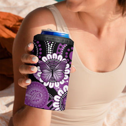 Australia Indigenous Butterflies Personalised 4 in 1 Can Cooler Tumbler Lupus Support Purple Ribbon Aboriginal Art