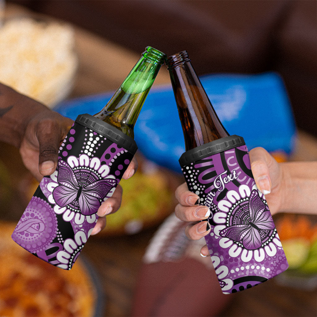 Australia Indigenous Butterflies Personalised 4 in 1 Can Cooler Tumbler Lupus Support Purple Ribbon Aboriginal Art
