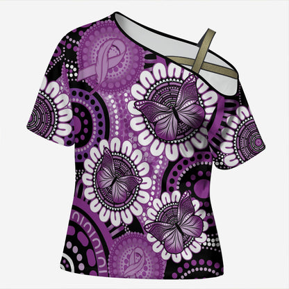 Australia Indigenous Butterflies Personalised Cross Shoulder Shirt Lupus Support Purple Ribbon Aboriginal Art